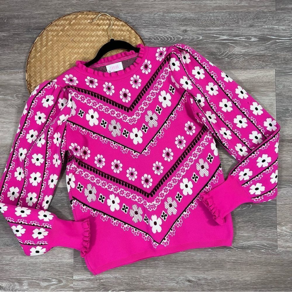 Savida pink‎ retro floral printed sweater puff sleeve